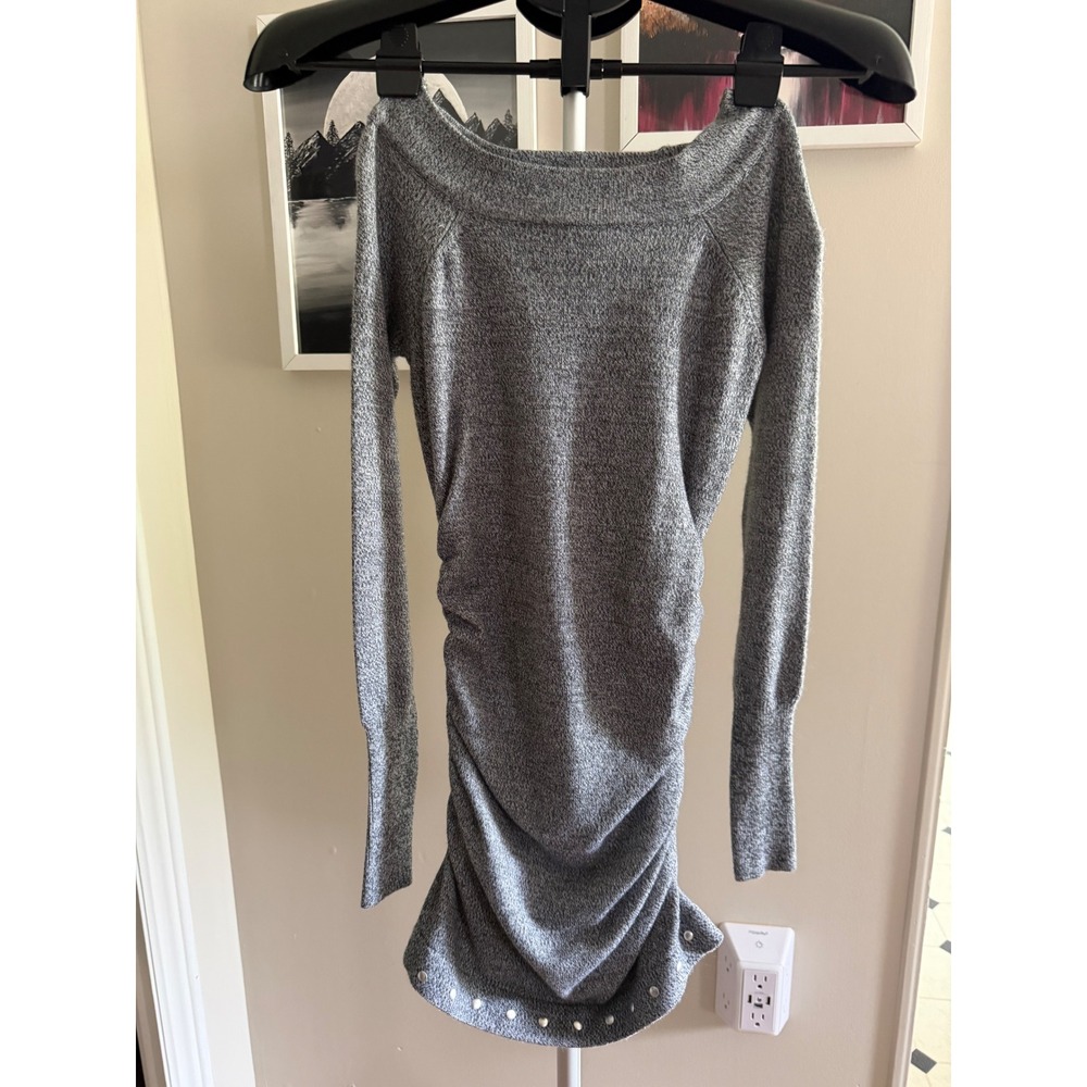 Derek Heart Grey Marl Ruched Knit Mini Dress Long Sleeve Boat Neck Size Junior S